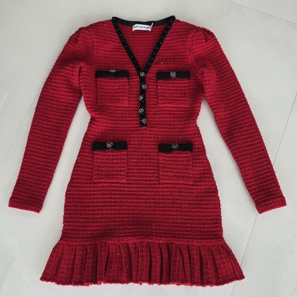 Self-Portrait Textured Knit Long-Sleeve Dress - Red with Black Details - Small - Picture 3 of 10